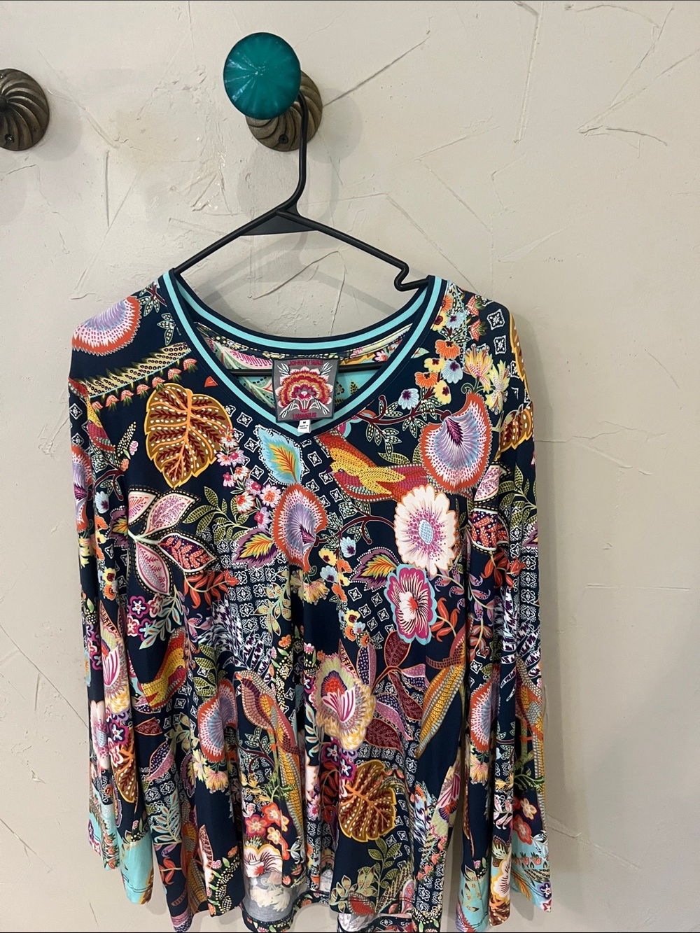 Johnny Was Navy Multicolor Floral V-Neck Top